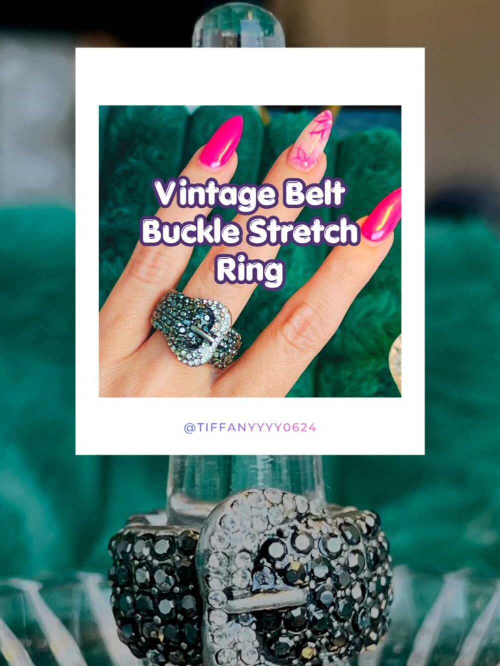 Vintage Silvertone Black & Clear Rhinestone Belt Buckle Stretch Ring
